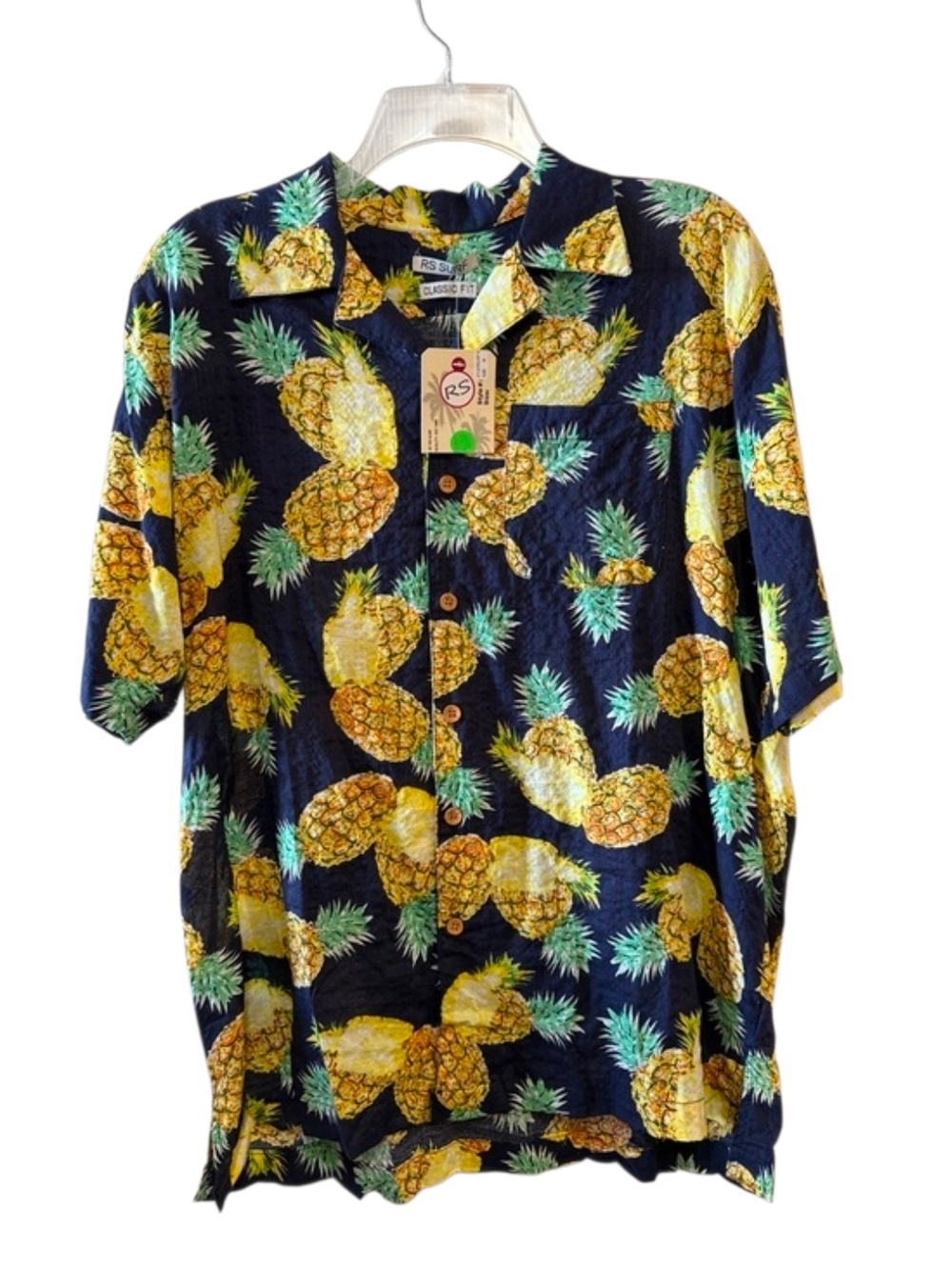 RS Surf Men’s Navy Pineapple Print Short Sleeve Button Down Shirt Linen Blend